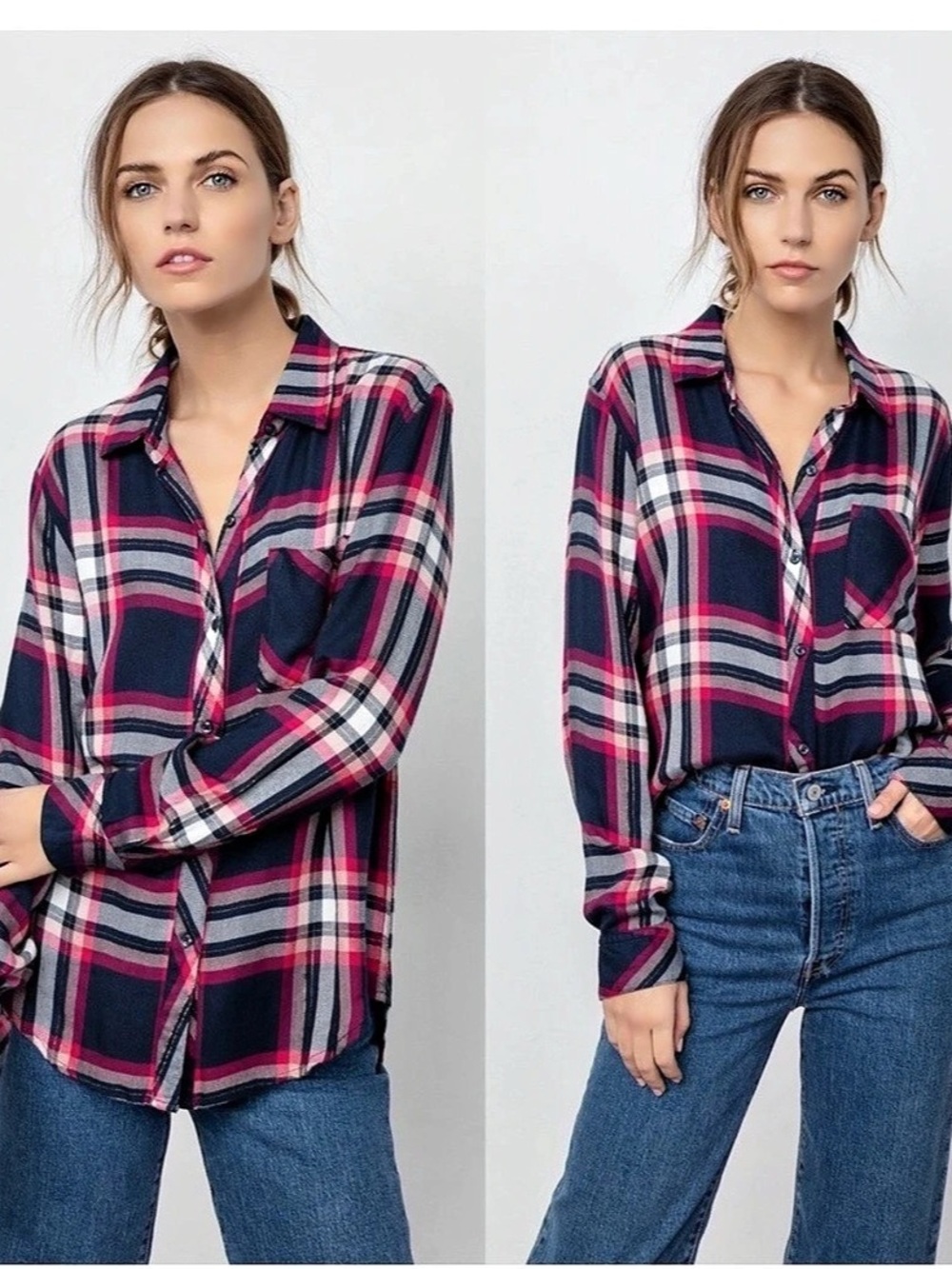 Rails Hunter Plaid Button-Down Rayon Shirt Blue & Pink Size S